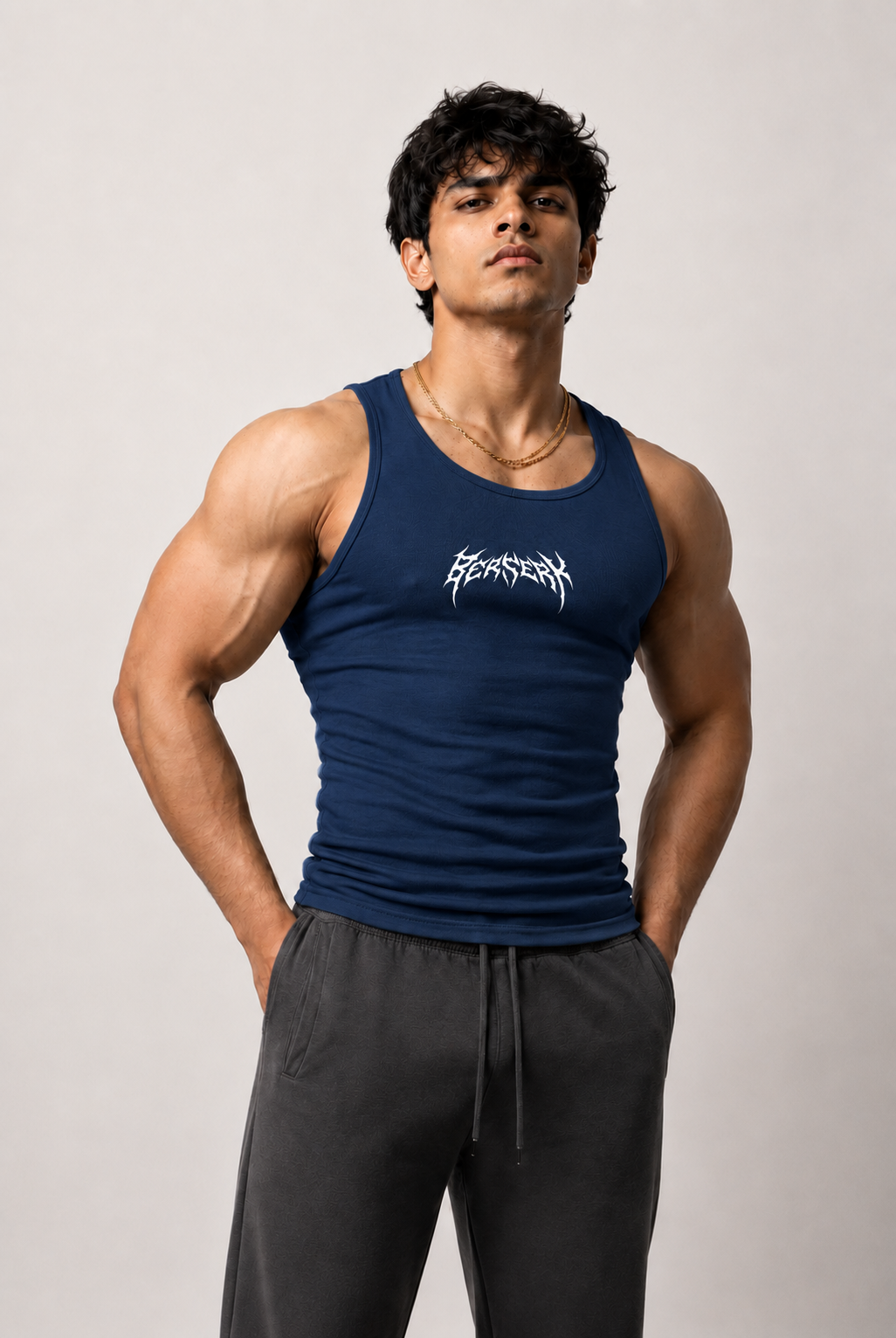 Premium Cotton Fitted Gym Tank - Storm Blue
